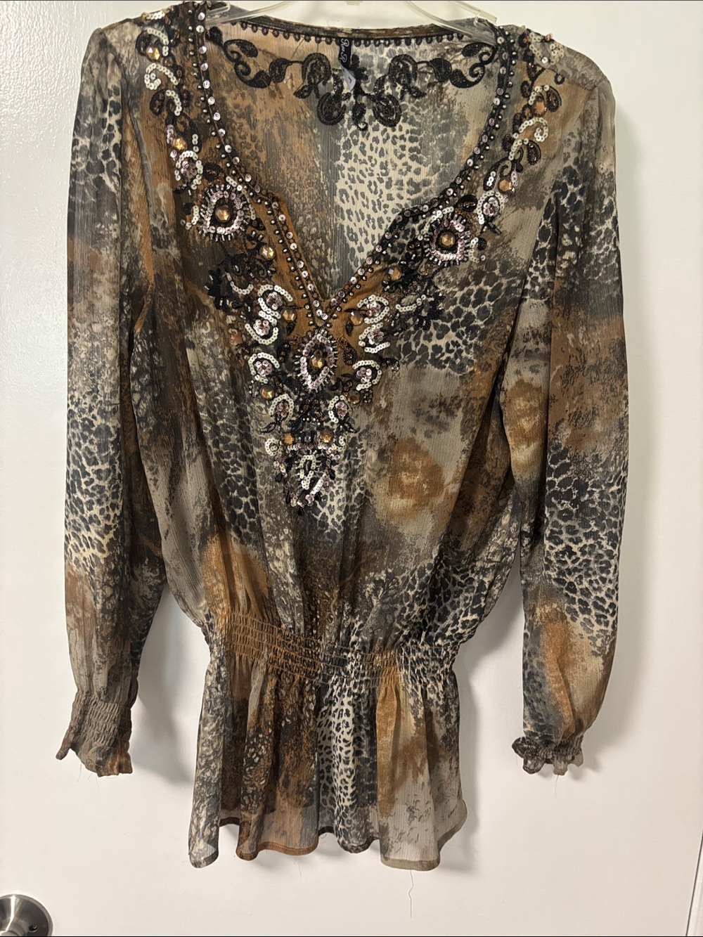 Beaded V-Neck Animal Print Blouse - Brown/Black